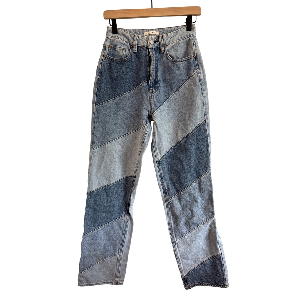 PacSun High Waisted Patchwork Straight Leg Jeans Blue Denim Multi Tone Size 25